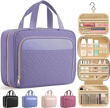 HOTOR Travel Toiletry Bag for Women & Men, Waterproof Makeup Bag with Hanging Hook and Multiple Pockets, Cosmetic Bags for Women, Travel Essentials, 11.2 x 3.2 x 8.9, Light Purple