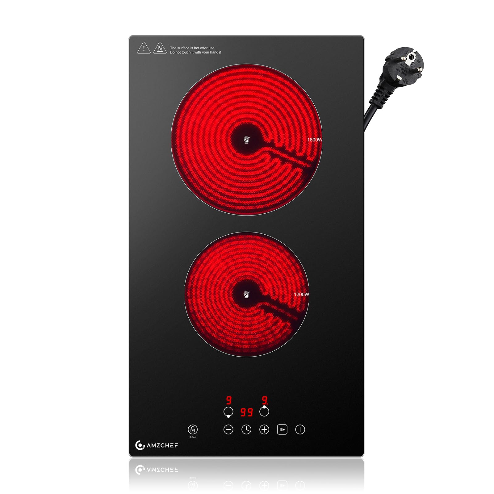 AMZCHEF Ceramic Hob 2 Zones, 3000W Electric Hob 2 Ring, Table Top & Built-in Dual installation, Plug and Play, 9 Power Levels, Timer & Pause Function, Child Lock, Easy Clean Frosted Glass Panel
