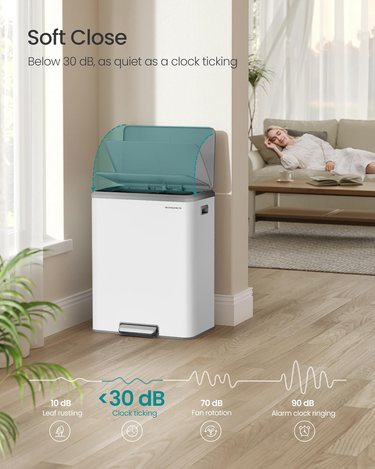 SONGMICS Trash Can, 2 x 8 Gallon (2 x 30 L) Double Garabge Can for Recycling and Waste, Stainless Steel, Soft-Close Lid, Inner Buckets, Wide Sturdy Pedal, Cloud White ULTB556W01 - Image 3