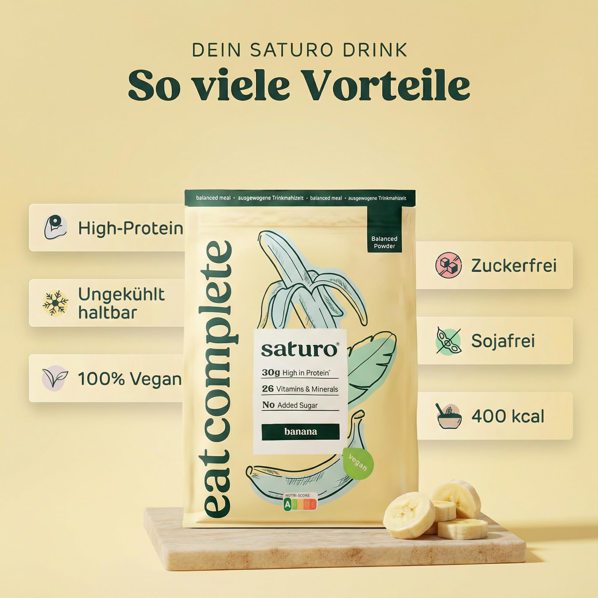 Saturo Trinkmahlzeit - Vegane Trinknahrung als Mahlzeitersatz - Banana | Blanced Powder mit reichlich Protein & 5600 kcal | Pulver mit wertvollen Nährstoffen | 14 Shakes, 1,4kg