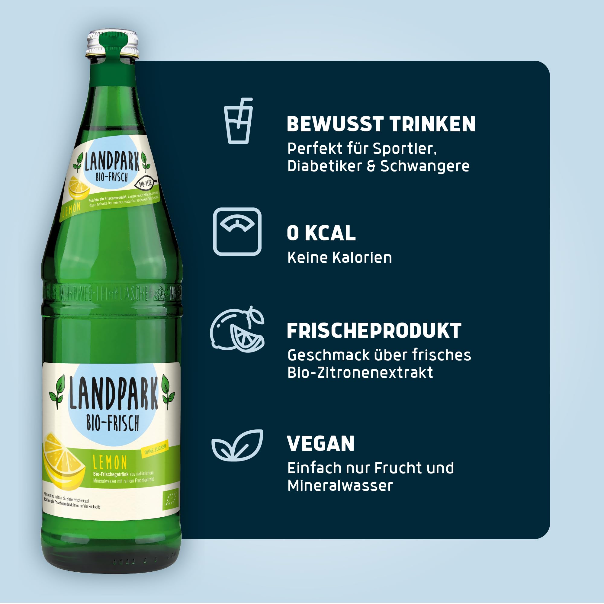 Landpark Bio-Erfrischungsgetränk Lemon, 18 x 0,75 L in der Glasflasche | ohne Zucker und Süßungsmittel | mit Kohlensäure | Wasser mit Geschmack | Ideal auch für Kinder und Diabetiker