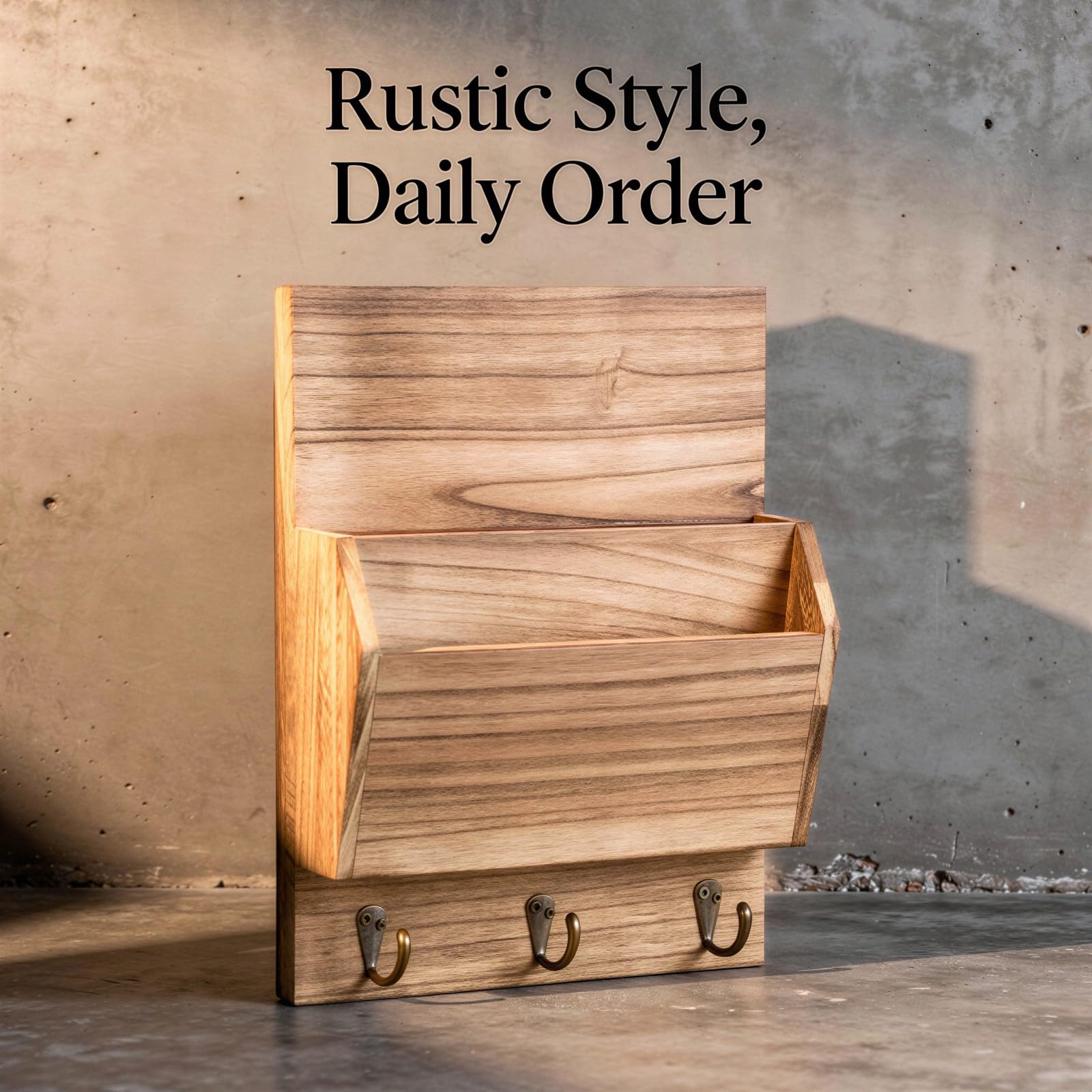 Organiseur mural pour courrier et porte-clés, support en bois rustique avec 3 crochets, rangement vertical décoratif avec fente à lettres pour entrée, cuisine, bureau, couleur bois