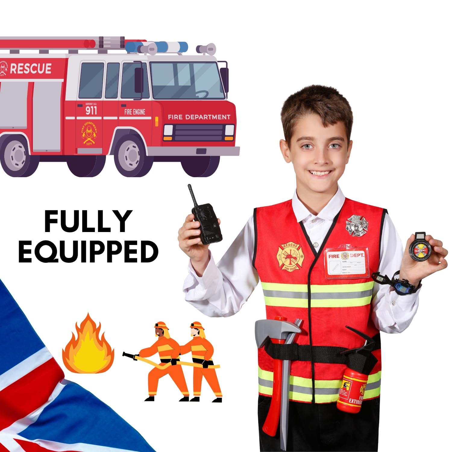 Kids Fireman Costume Firefighter Jacket Fireman Costume Kids Children Fancy Dress Vest Firefighter Outfit Boys Fire Fighter Dress up Accessories Toddler Roleplay Set Kit Outfit (X Large (9-12 Years)) - Image 4