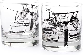 Whiskey Glasses Set of 2 - Ski Lift Old Fashioned Whiskey Glasses for Cocktails Bourbon Scotch and Whisky - Drinking Glasses - 11oz. Heavy Base Tumbler Glasses and Gift Box