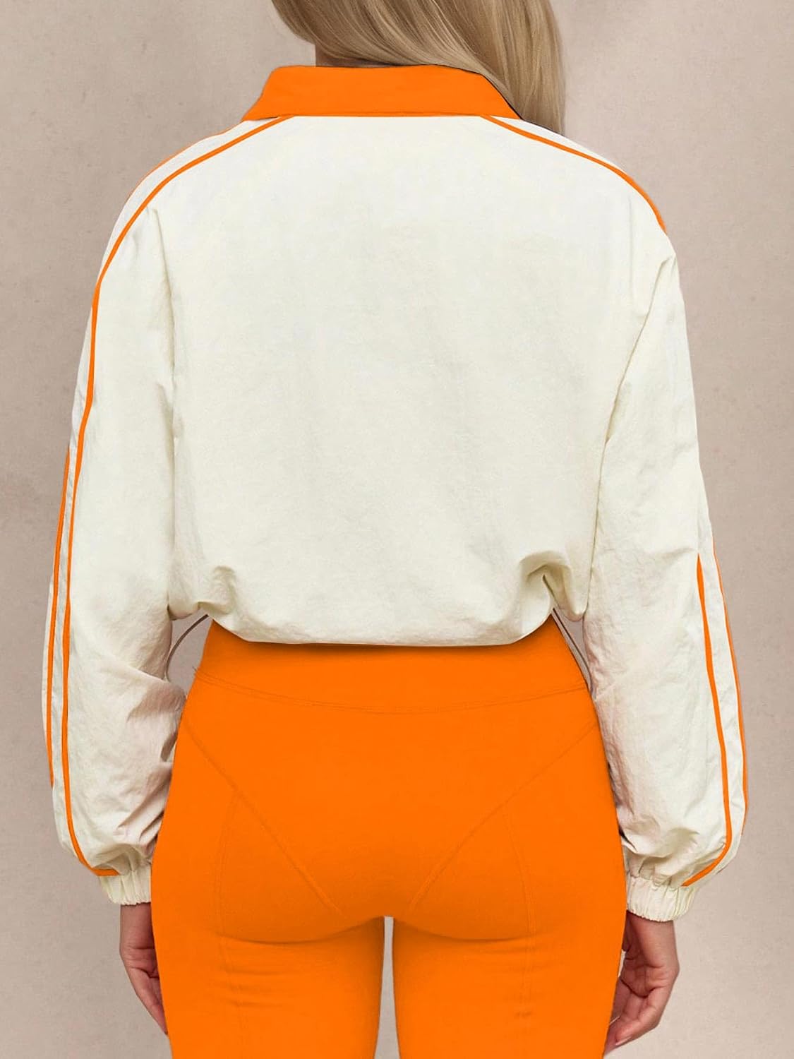 Women Stretch Water Repellent Half Zip Crop Windbreaker Jacket Stand Collar Contrast Piping Lightweight