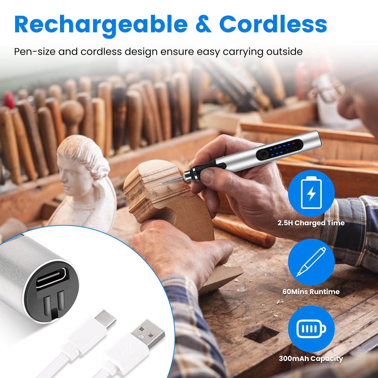 Bolígrafo de grabado eléctrico con 33 puntas de rebaba, 5 plantillas, 3 ajustes de velocidad ajustables, herramienta de grabado profesional inalámbrica recargable para joyas, vidrio, metal, piedra y