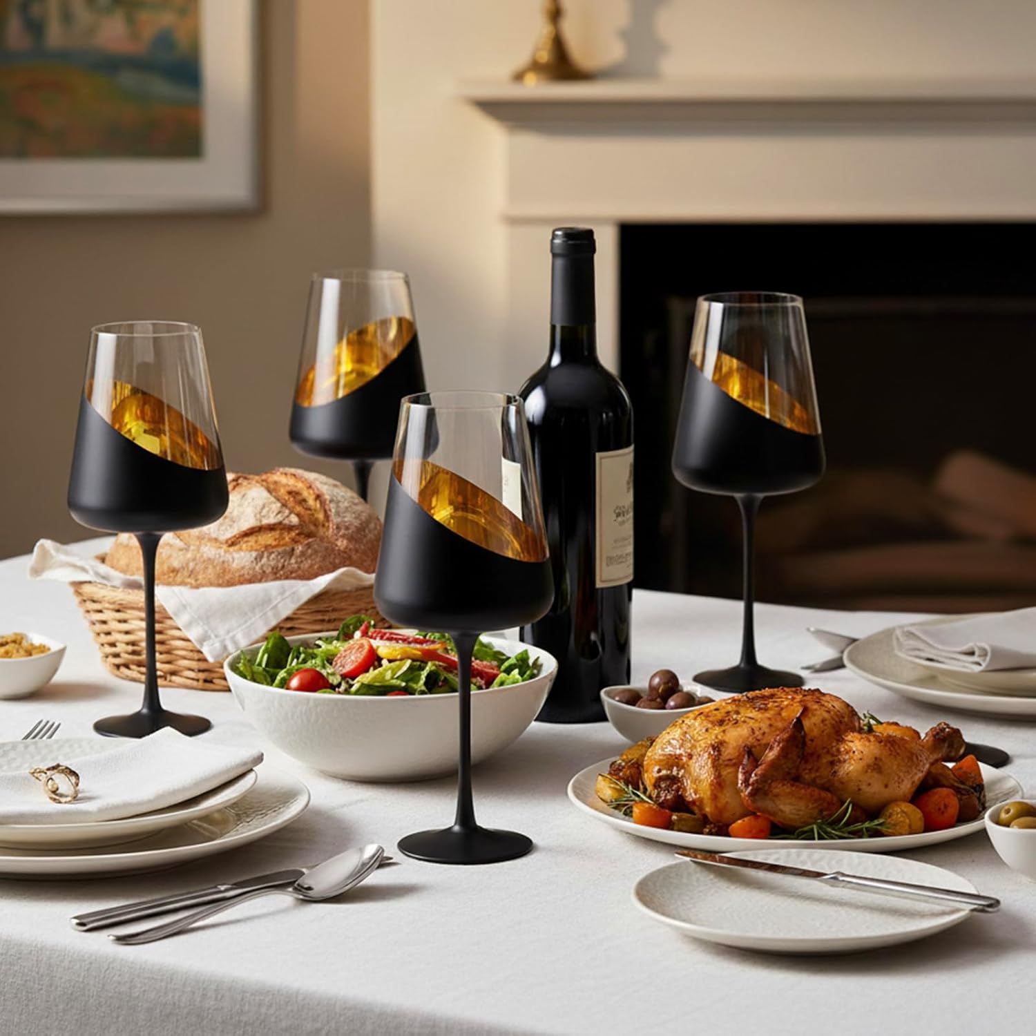 MyGift Black and Gold Wine Glasses, Set of 4 Tulip Champagne Glasses, 19 oz Stemmed Drinkware for Cocktails, Wine, Entertaining, Wedding, Gifts