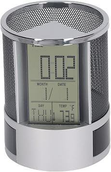 CDQL Digital Alarm Clock Pen Holder, Pencil Holder, Perpetual Calendar Pen Holder, Multifunctional Electronic Clock Pen Holder for Home, Office Desktop, Black