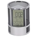 CDQL Digital Alarm Clock Pen Holder, Pencil Holder, Perpetual Calendar Pen Holder, Multifunctional Electronic Clock Pen Holder for Home, Office Desktop, Black