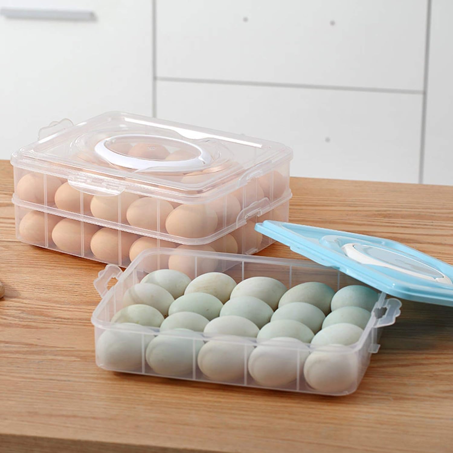 3-Layer Snap and Stack Egg Holder, Portable Devil Egg Carrier Deviled Egg Tray with Lid Egg Carrier Box Dispenser Container with Handle for 60 Eggs