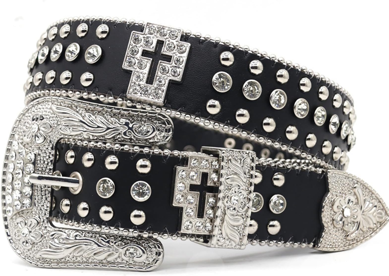 Leather Belt Rhinestone Studded Belts Diamond Hollow Cross Rivet Western Punk Waist Band with Engraved Floral Filigree Buckle