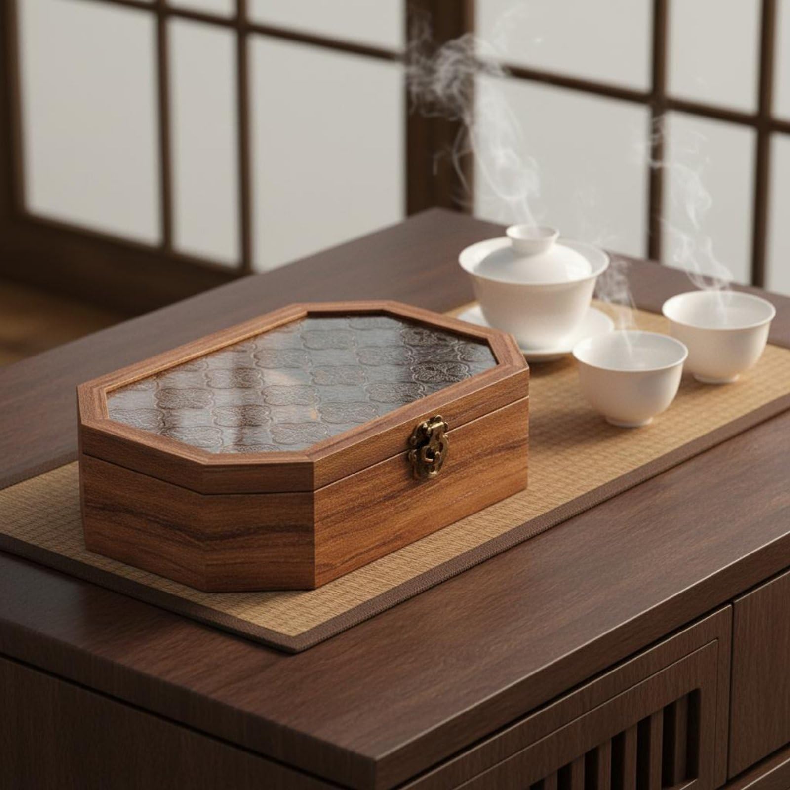 Amazon｜Jinhxofs 模様ガラス蓋付き木箱 ほこり防止 海棠柄ガラス小物