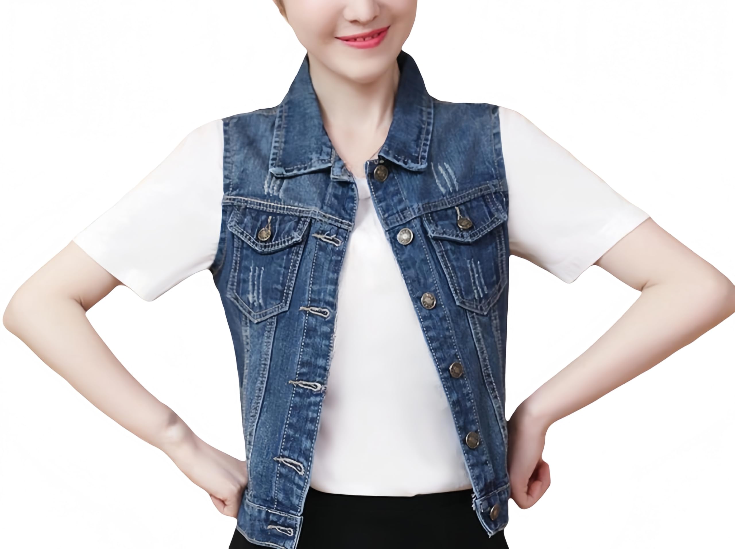 Gilet Jeans Donna,Donna Senza Maniche Giacca Nero Casual Loose Fit Denim Abbottonato Jeans Cardigan Shacket Primavera Estate Capispalla Streetwear Blu Scuro Al