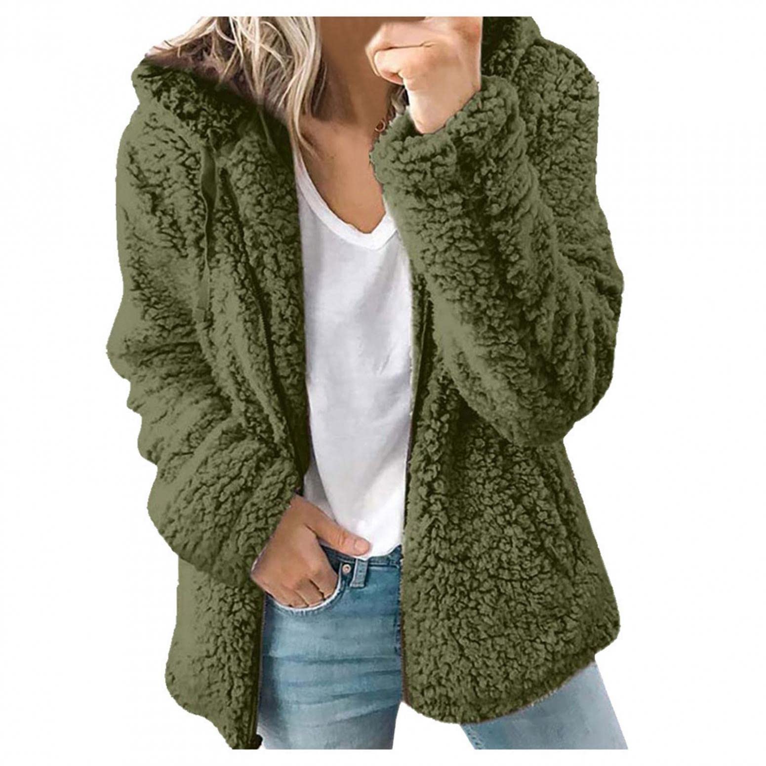 Kanpola Winterjas, pluchen jas, voor dames, jack, winterjack, teddy, warm, met capuchon en ritssluiting, hoody, met zakken, effen, casual, mantel, bovenkleding, 5XL