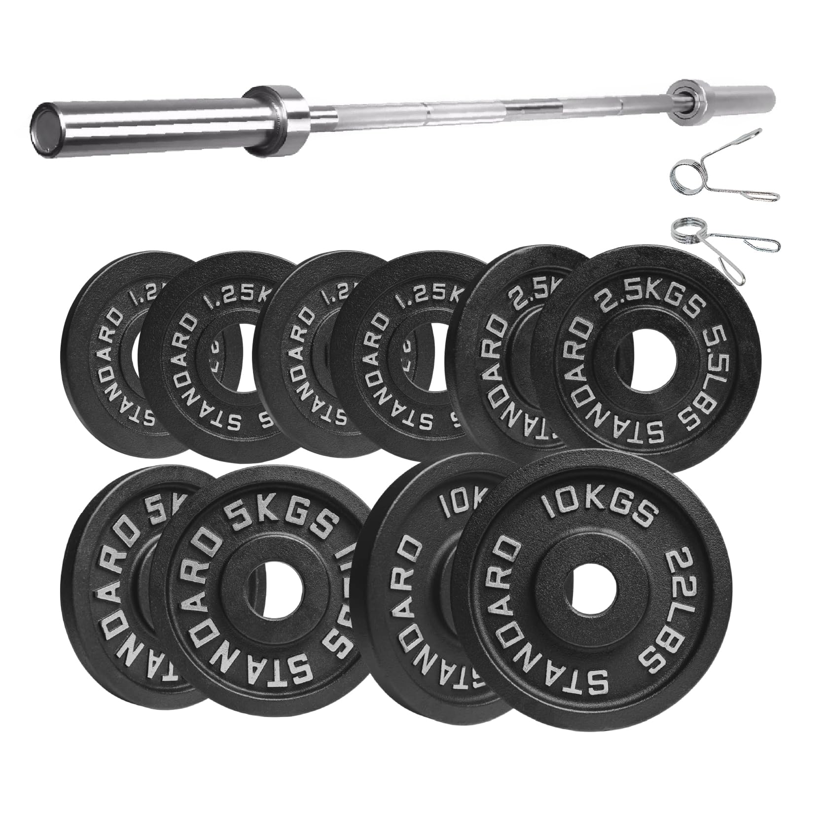 Cast Iron Weight Plates Sets & Pairs (1.25kg–25kg) for Home Gym Strength Training, Weight Lifting & Muscle Building for Men & Women (With 7ft Barbell, 40kg Set)