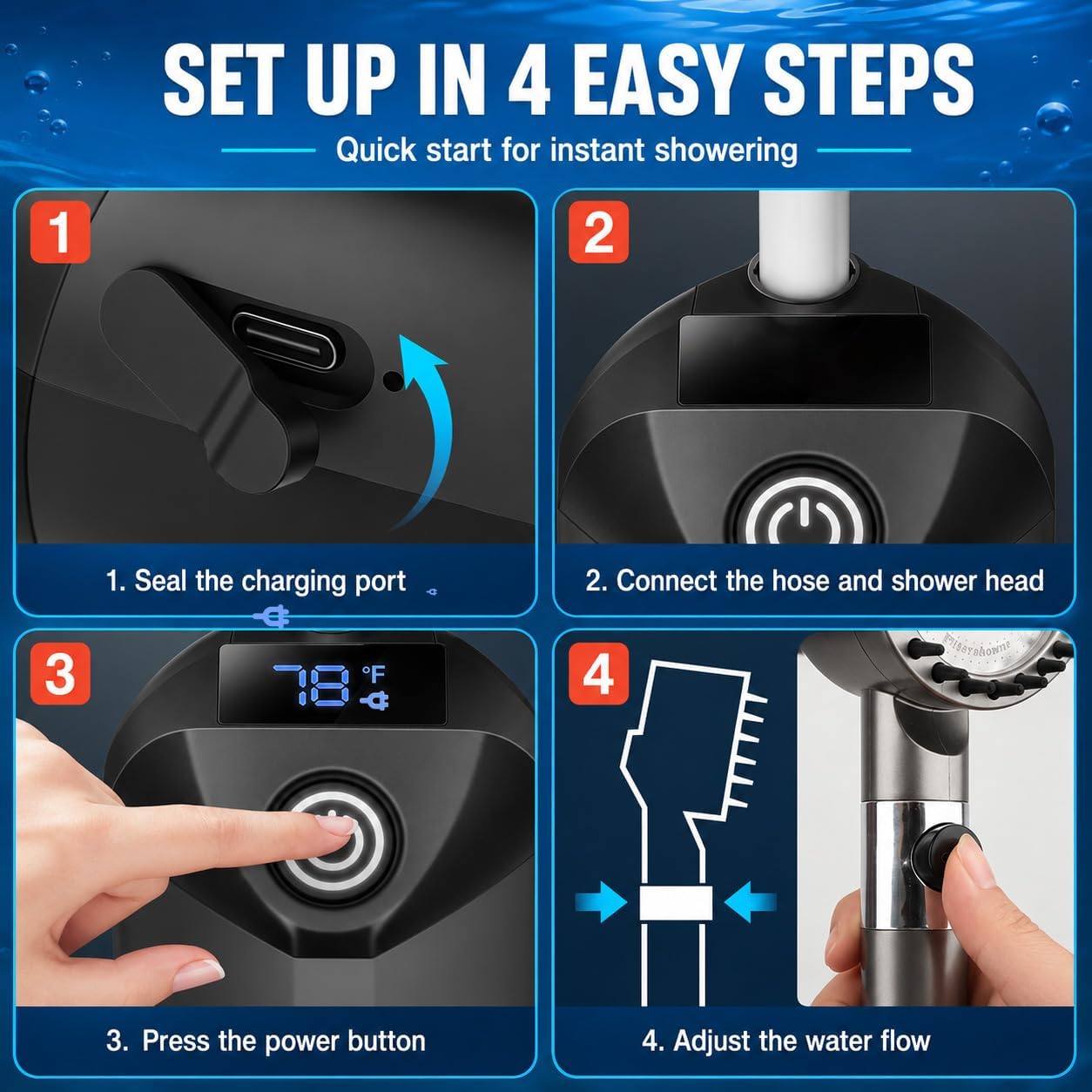 Portable Shower for Camping with 7800mAh Battery - 3 Spray Modes, IPX8 Waterproof & Strong Suction Shower Pump for Outdoor Hiking, Beach Travel, RV, Pet Bathing & Gardening