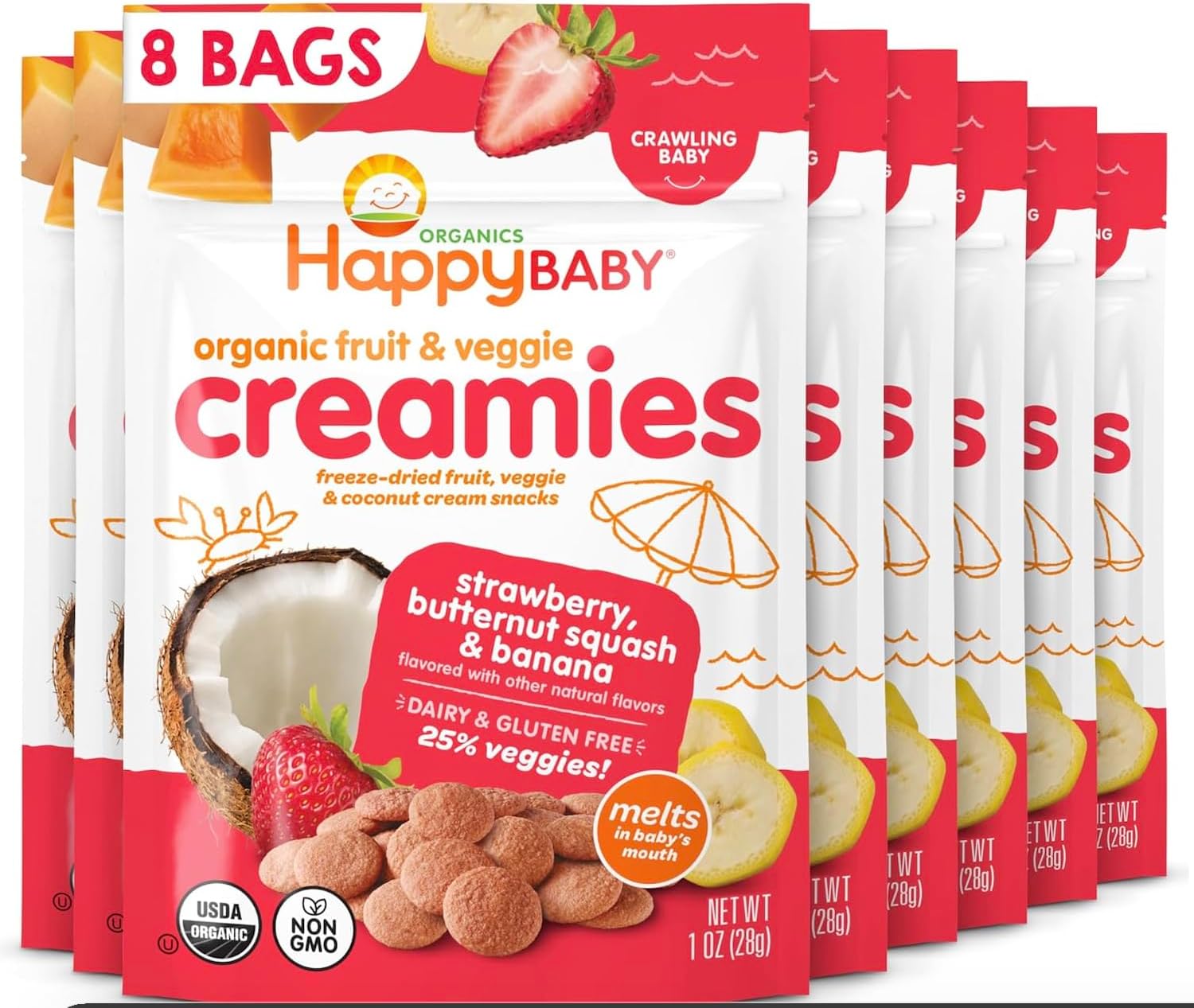 Happy Baby Organics Creamies Freeze Dried Veggie & Fruit Snacks with Coconut Milk Strawberry Raspberry & Carrot, 1 Ounce (Pack of 8)