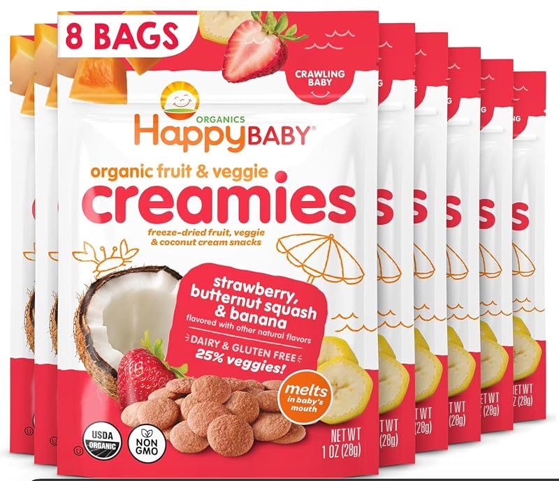 Happy Baby Organics Creamies Freeze Dried Veggie & Fruit Snacks with Coconut Milk Strawberry Raspberry & Carrot, 1 Ounce (Pack of 8) Strawberry Raspberry & Carrot Pack of 8