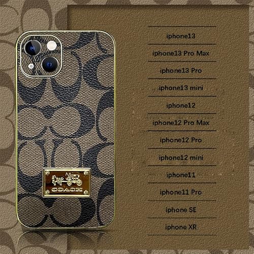Designer Case For Iphone 12 Pro Max 6.7 Inch, Luxury Brand Gold Plate Rim Classic Pattern Leather Back Bling Golden Metal Nameplate, Camera Protection Cover, Non Slip Shockproof Protective, Khaki #TOP6