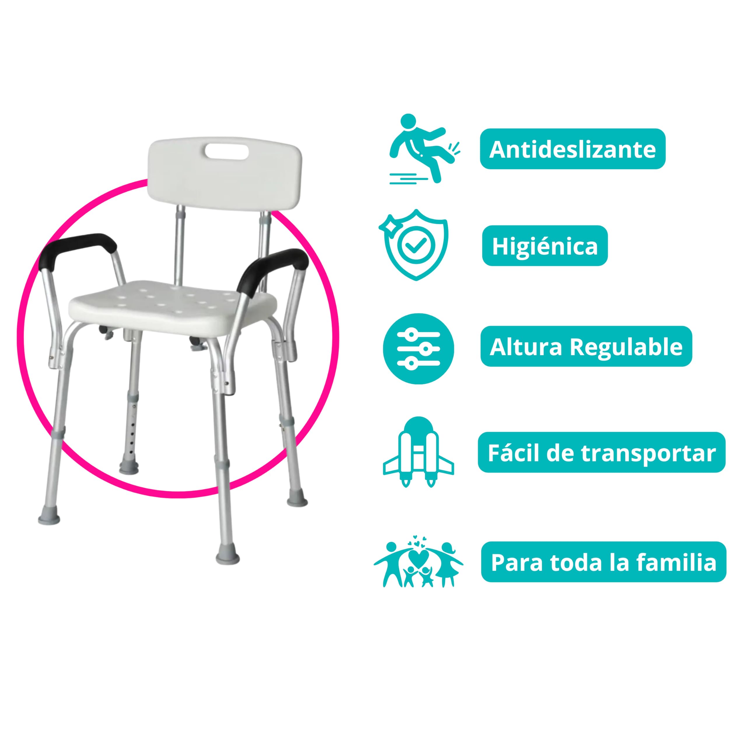 Silla Ducha y Taburete Baño Todo en 1. Taburete Ducha Ortopédico Mayores y Niños con Reposabrazos y Respaldo Premium. Silla Ducha Personas Mayores: Antideslizante, Regulable, Cómoda y Segura