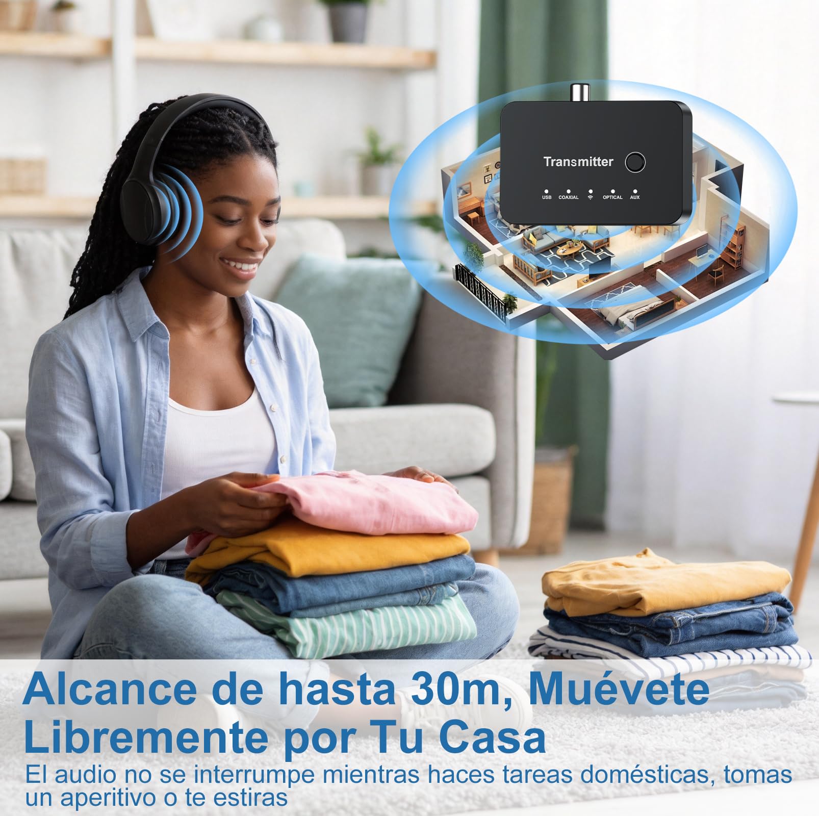Auriculares Inalámbricos para TV para Mayores, 2.4G RF & Bluetooth 5.4 con Transmisor 5-en-1 (Salida Óptica/Coaxial/RCA/AUX/USB), 5 Modos EQ, Alcance 30m, 20H Autonomía, Over-Ear Plegables Regalo
