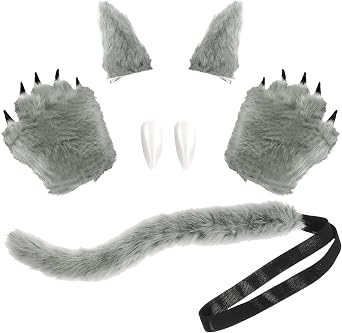 Haysandy 4 Pcs Halloween Wolf Costume Set Fox Ear, Tails Gloves & Teeth