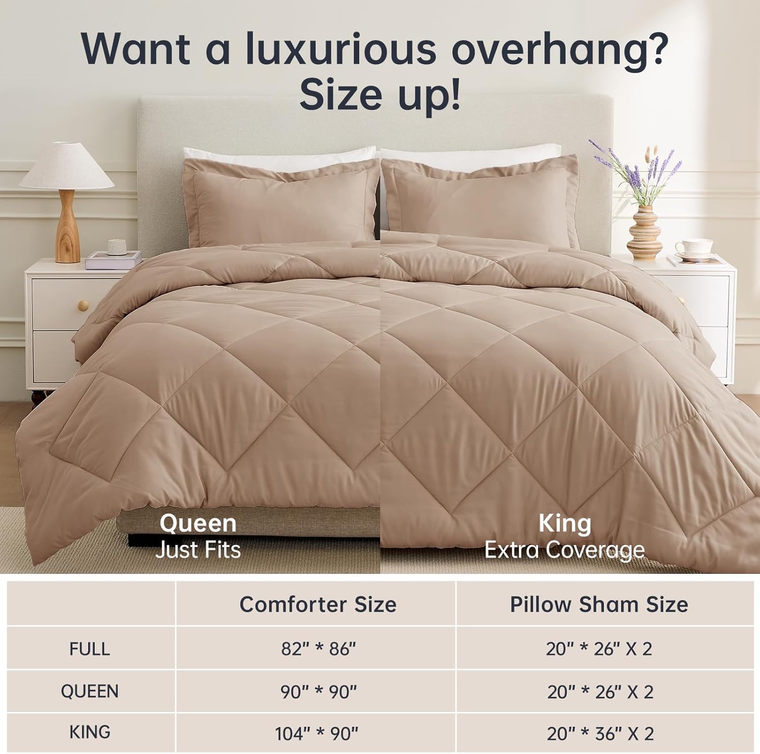 JOLLYVOGUE Queen Comforter Set Khaki/Linen, Ultra Soft Reversible Bedding for All Seasons, 3 Pieces Down Alternative Bed Set Includes 1 Lightweight Comforter and 2 Pillow Shams