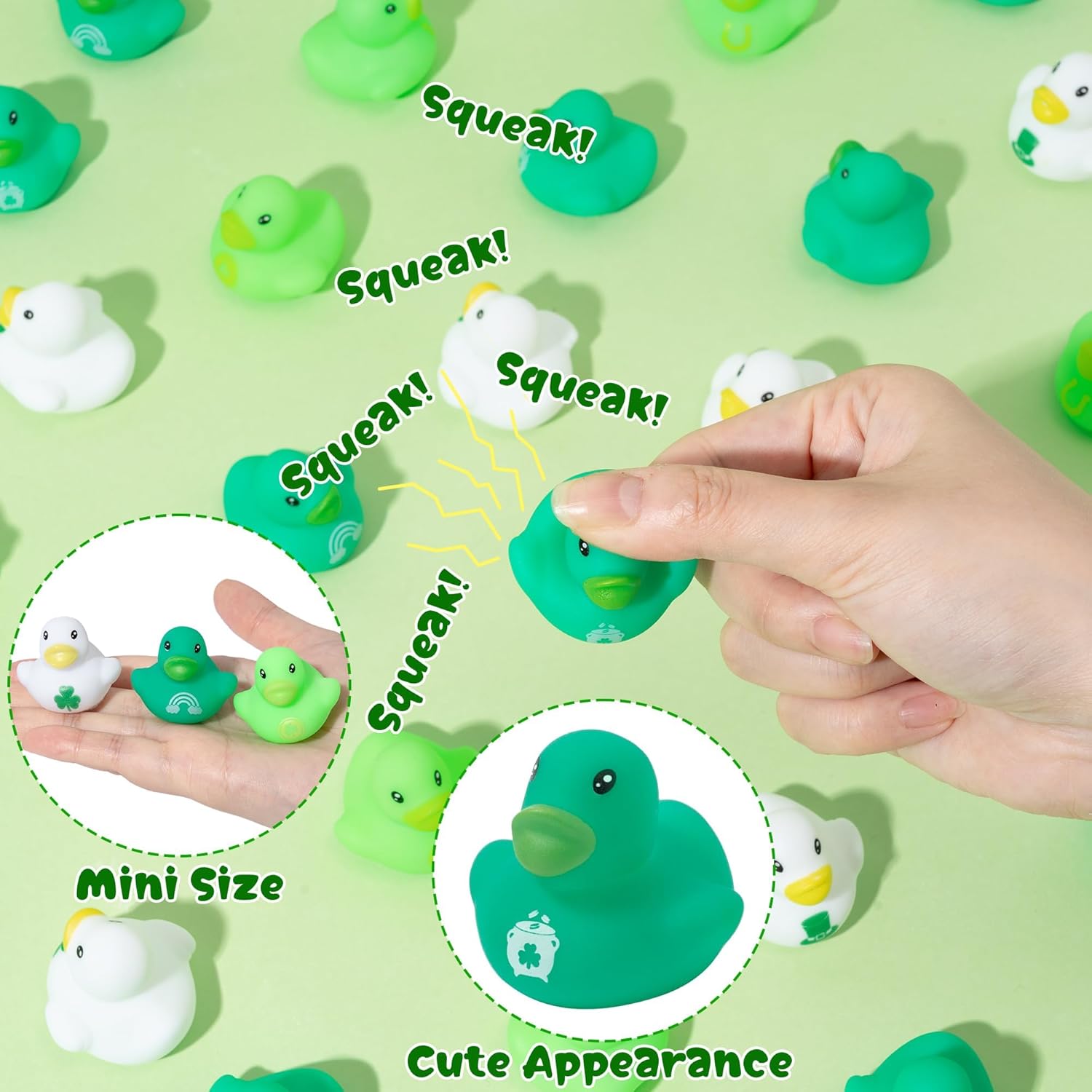 Haooryx St. Patrick's Day Mini Rubber Duck - 60Pcs Shamrock Lucky Charm Ducky Novelty Duck Squeak Bathtub Float Bath Toy for St. Patrick's Day Decoration Birthday Gift Party Favor Easter Basket Filler