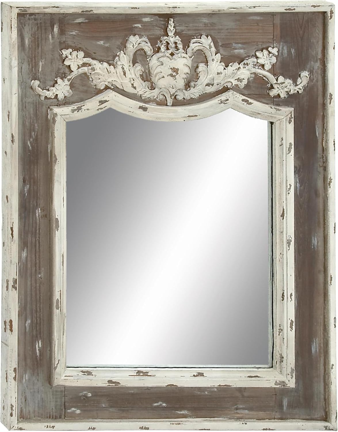 Scalloped 33" x 43" Brown and Cream Rustic Wooden Wall Mirror