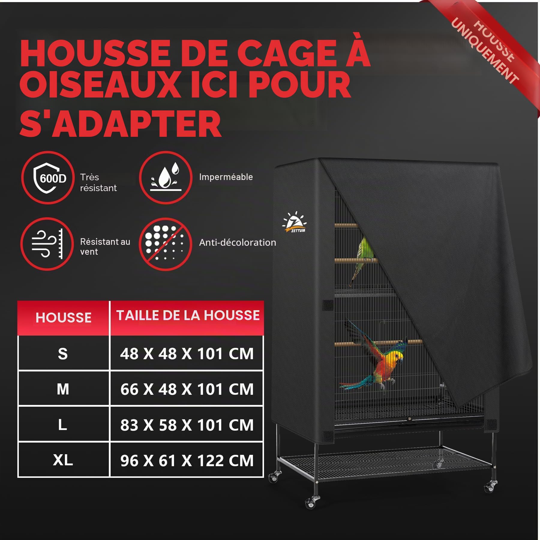Zettum Housse de Cage à Oiseaux 96 x 61 x 122 CM CM, Filet de Protection Lavable pour Cage à Perroquet, en Tissu Oxford 600D, imperméable et Respirant, Housse Coupe-Vent pour Cage à Oiseaux