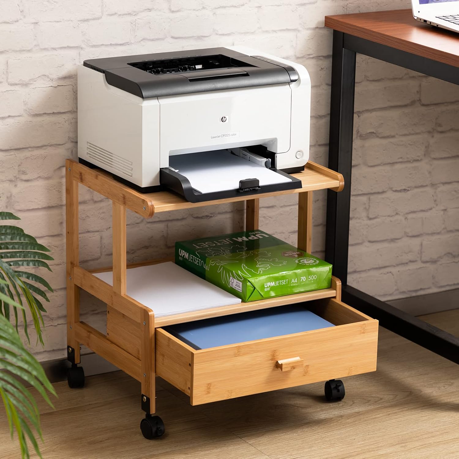 ALIMORDEN 3-Tiers Mobile Printer Stand Holder with Drawer, Rolling Cart with Wheels, Bamboo Rack for Home and Office : Office Products