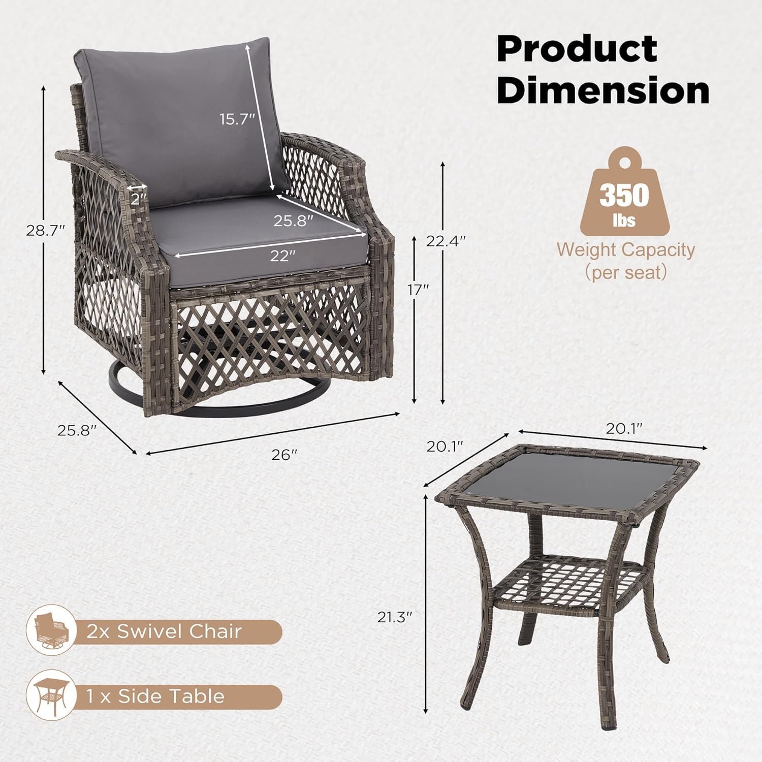 HOMREST 3 Piece Outdoor Swivel Chair Set, Wicker Patio Bistro Set with Thickened 25D Cushions and Glass Coffee Table, Patio Furniture Conversation Set for Deck, Yard, Garden, Poolside Gray