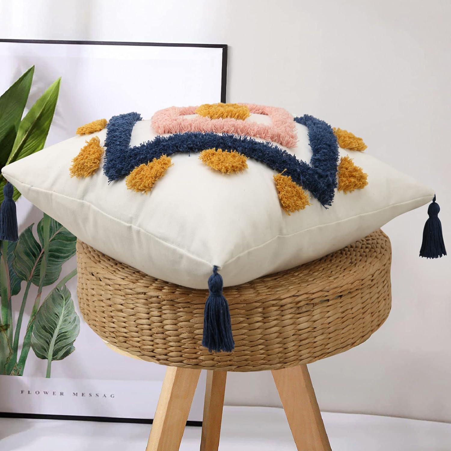 Merrycolor Boho Pillow Covers 20x20 Modern Geometric Diamond Boho Pillows Decorative Throw Pillow Cases Blue Pink Soft Woven Tufted Pillow Cushion for Couch Sofa Bedroom Living Room - Image 9