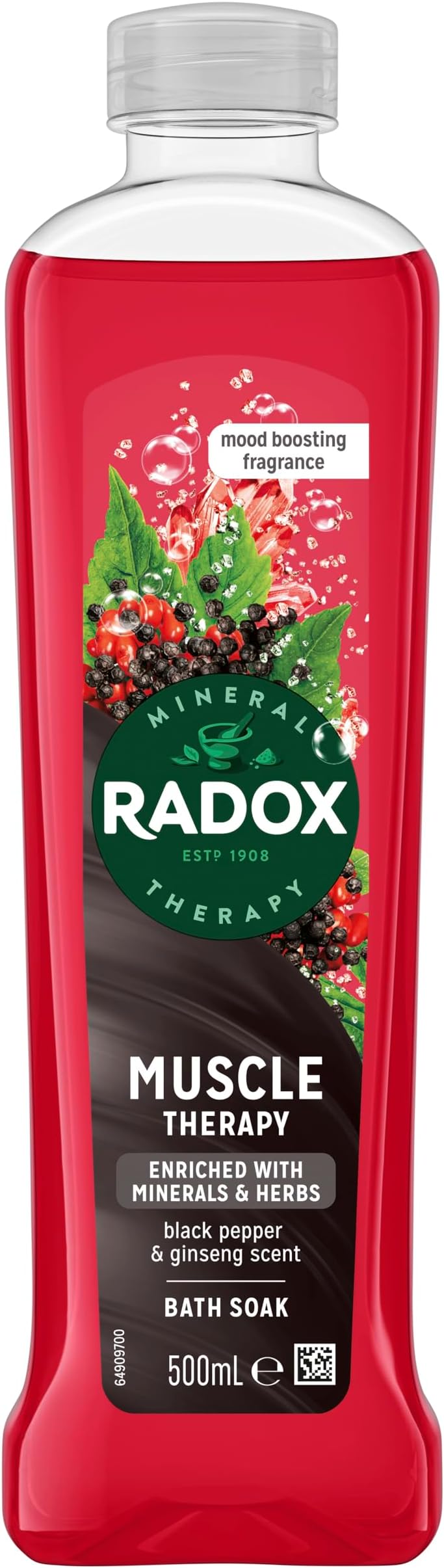 Radox Mineral Therapy Muscle Therapy Bath Soak uniquely blended with minerals, herbs, black pepper & ginseng for a rejuvenating bubble bath 500 ml