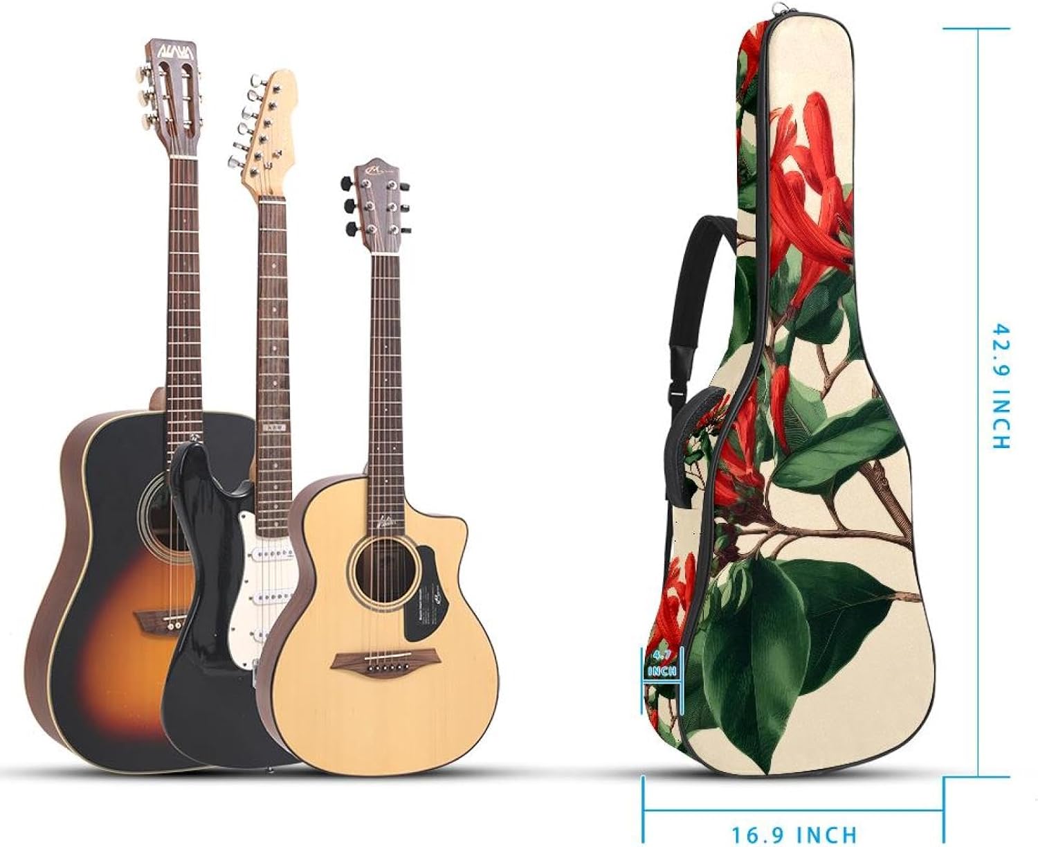 flowers and green leaves Guitar Gig Bag, Soft Padded Guitar Case with Back Hanger Loop and Side Handle for 40 41 42 Inch Acoustic Electric Bass Classical Guitars