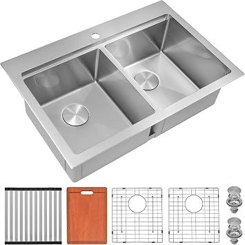 LQS Stainless Steel Kitchen Sink, Undermount/Drop In Kitchen Sink, Double Bowl Stainless Steel Kitchen Sinks, 16 Gauge Stainless Steel Handmade Sinks (Stainless Steel, 33 x 22 x 10)