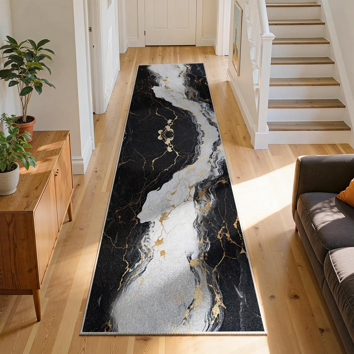RICAUOU Marble Runner Rug, 120x300cm Modern Luxurious Black Gray Minimalist Abstract Washable Kitchen Runner Soft, Non-Slip, Low-Pile, Non-Shedding Entryway Rugs for Living Rooms Laundry Rooms