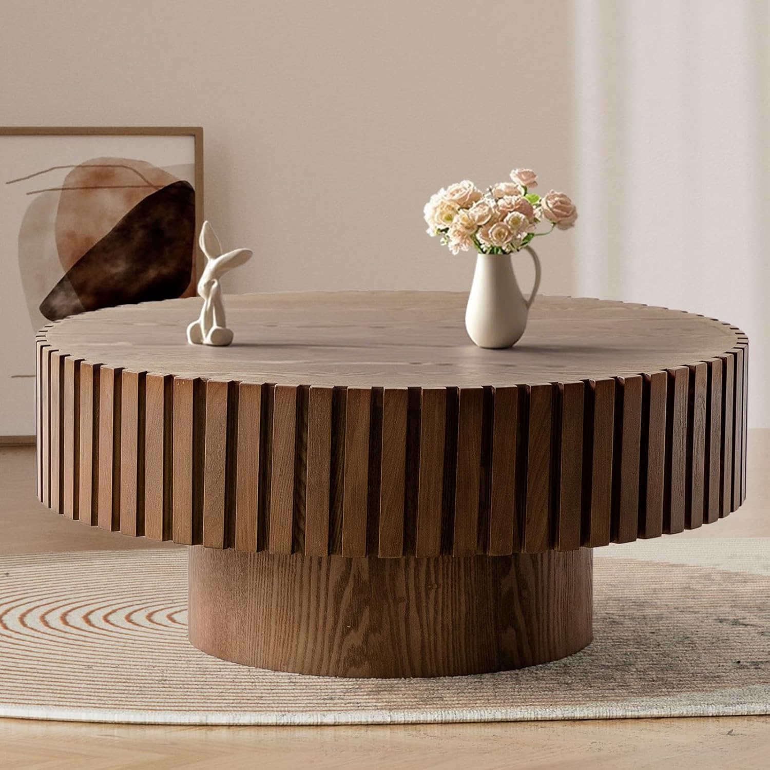 43.3" Oval Wood Coffee Table, Modern Fluted Drum Coffee Table with Handcrafted Relief & Sturdy Pedestal Unique Center Table Tea Table for Famhouse Living Room,Brown Oval