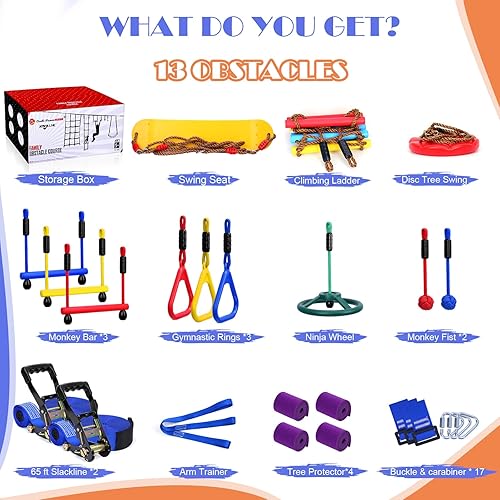 Miniatura 15 de Carrera de obstáculos Ninja Warrior de 2 x 56 pies para niños, capacidad de peso de 600 libras, carrera de obstáculos Slackline con 8 accesorios