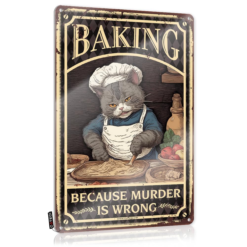Vintage Funny Tin Sign Cat Baking Because Murder Is Wrong Tin Sign Pictures For Bathroom Wall Decorgothic Decorwitchy Office Decorwall Decor For Bedroom Women (30X40CM)