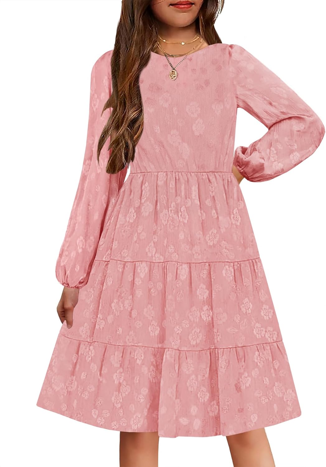 YOVION Girls Fall Long Sleeve Dress Ruffle Tiered A-Line Formal Wedding Party Dresses with Pockets for 6-12 Years