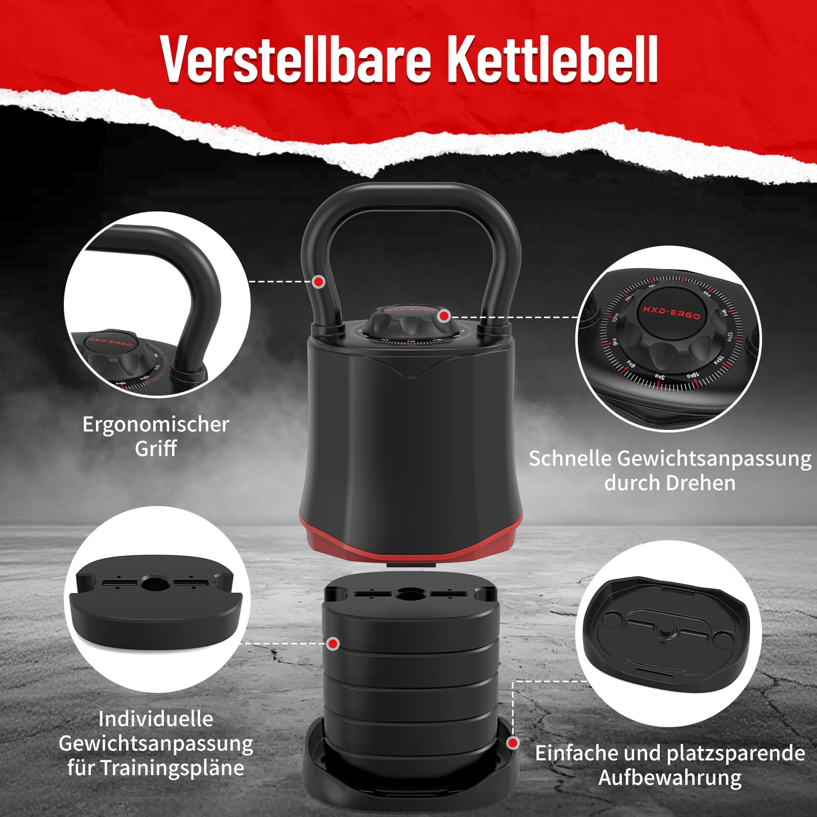 HXD-ERGO Verstellbare Kettlebell 6-in-1 (3–18 kg), Schnellwechsel-Gewicht, Breiter Griff, Kompakte Kugelhantel für Zuhause & Home Gym Training