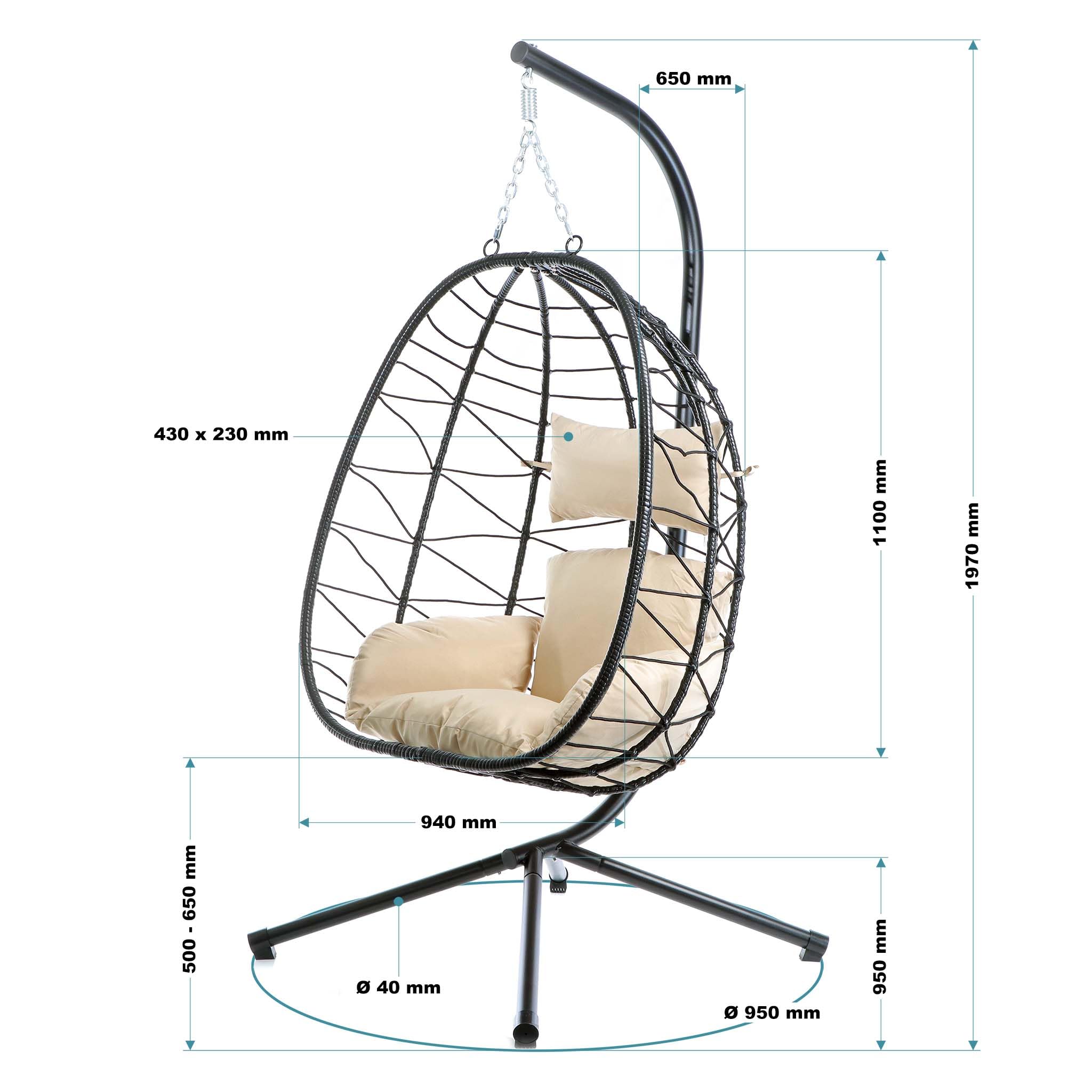 Wiltec Sillón Colgante de Interior Exterior Silla Canasta hasta 130kg Columpio con armazón y Cojines