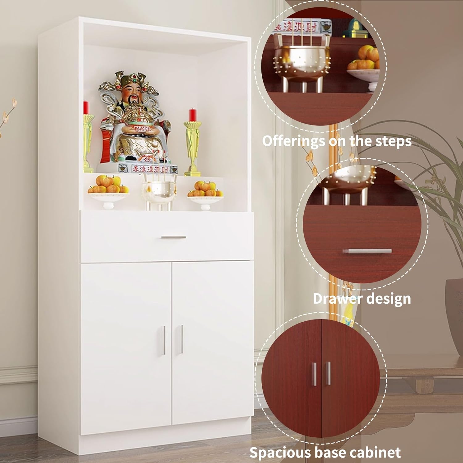 Altar Table with Storage, Large Pooja Cabinet with Doors & Pull-Out Worship Shelf, Wood Construction, 15.7–39.9'' Wide Shrine Table for Home, Office or Temple Use, Multi-Tier Design for Prayer Items