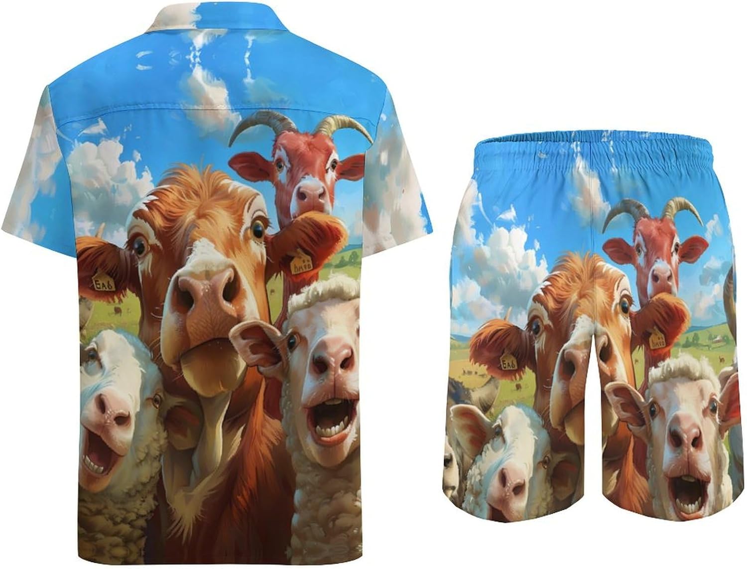 Farmhouse Animals Selfie Picture Men's Summer Beach Outfits Shirt And Shorts Set 2 Piece Vacation Swimwear