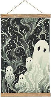 MUSM White Patterned Ghost Wall Art Linen with Wood Frames - Minimalist Wall Hanging Poster Canvas Print Vintage Artwork for Living Room, Bedroom, Office Decor, 13x20.4in Ready to Hang