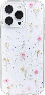 Abbery Compatible for iPhone 14 Pro Case Clear with Pink Gypsophila Floral Design Glitter Cute Soft Silicone Aesthetic Real Dried Pressed Litte Flower Women Girls Phone Cover Shell