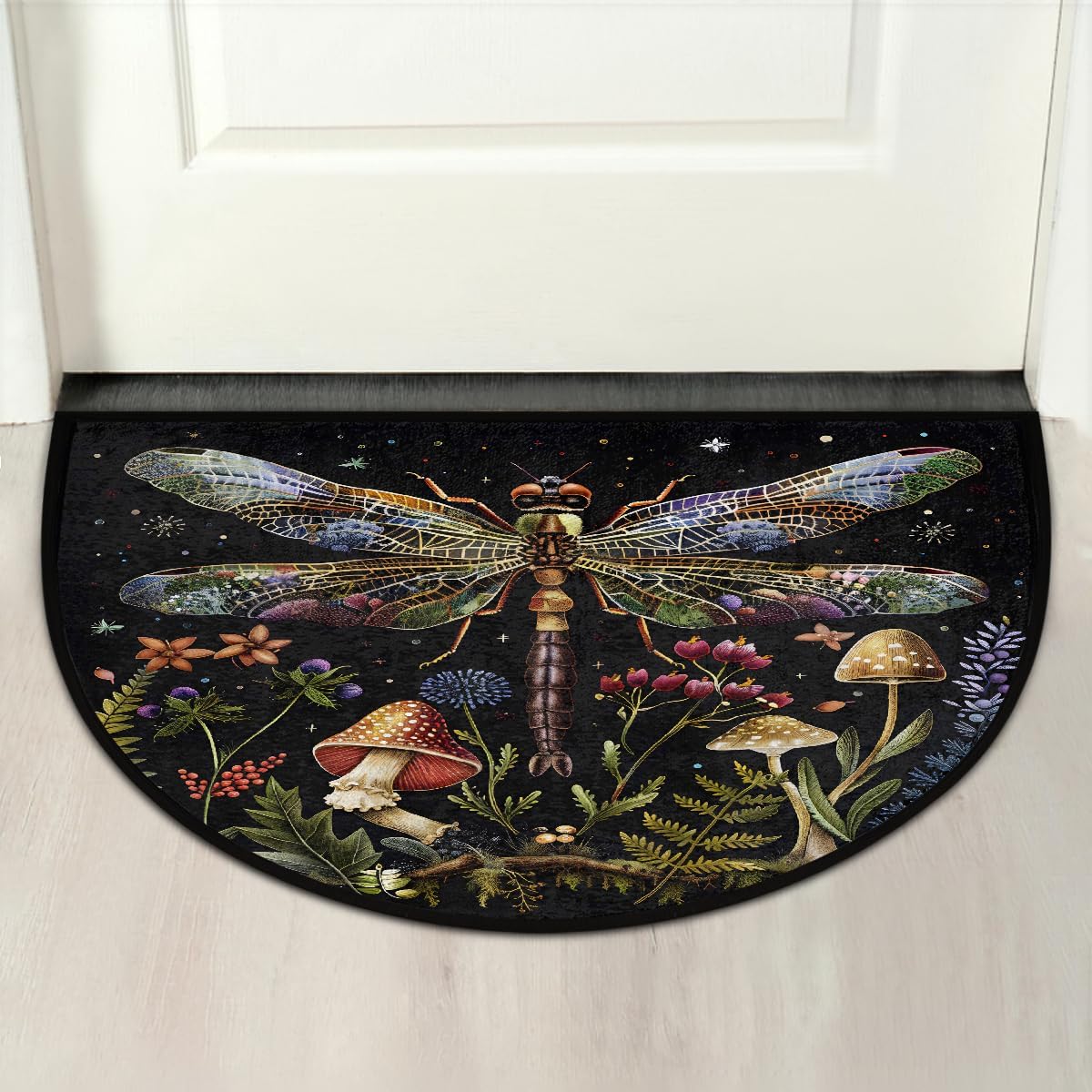 Half Round Doormat Non-Slip Washable Mushroom Animal Dragonfly Flower Semi Circle Rug Soft Absorbent Half Moon Mat for Indoor Outdoor Entrance Kitchen Bathroom Sink Patio Welcome Fireplace Floor Rug