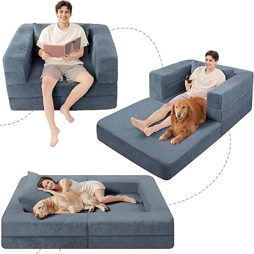 Miniatura 230 de Cama humana gigante para perro, cama 3 en 1 para perro de tamaño humano con funda de piel sintética lavable, cama grande plegable para mascotas con