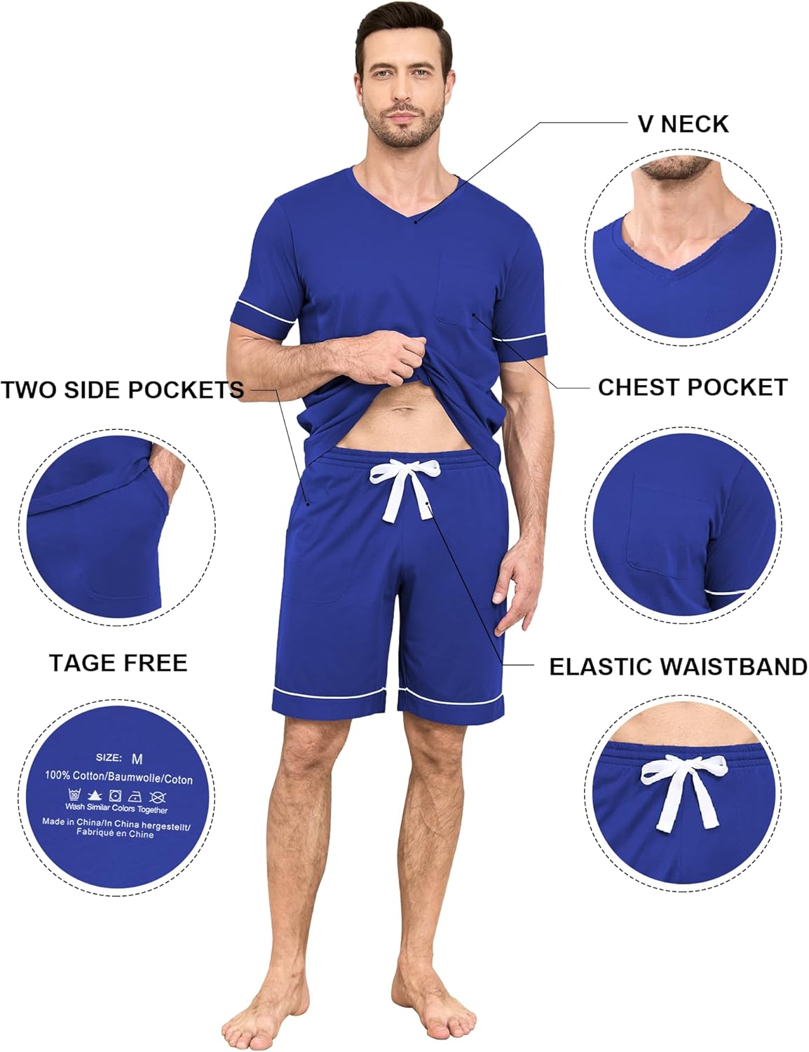 COLORFULLEAF 100% Cotton Short Sleeve Mens Pajamas Set 2 Piece V-neck Shorts Sleepwear Soft Lounge Pjs with Pockets